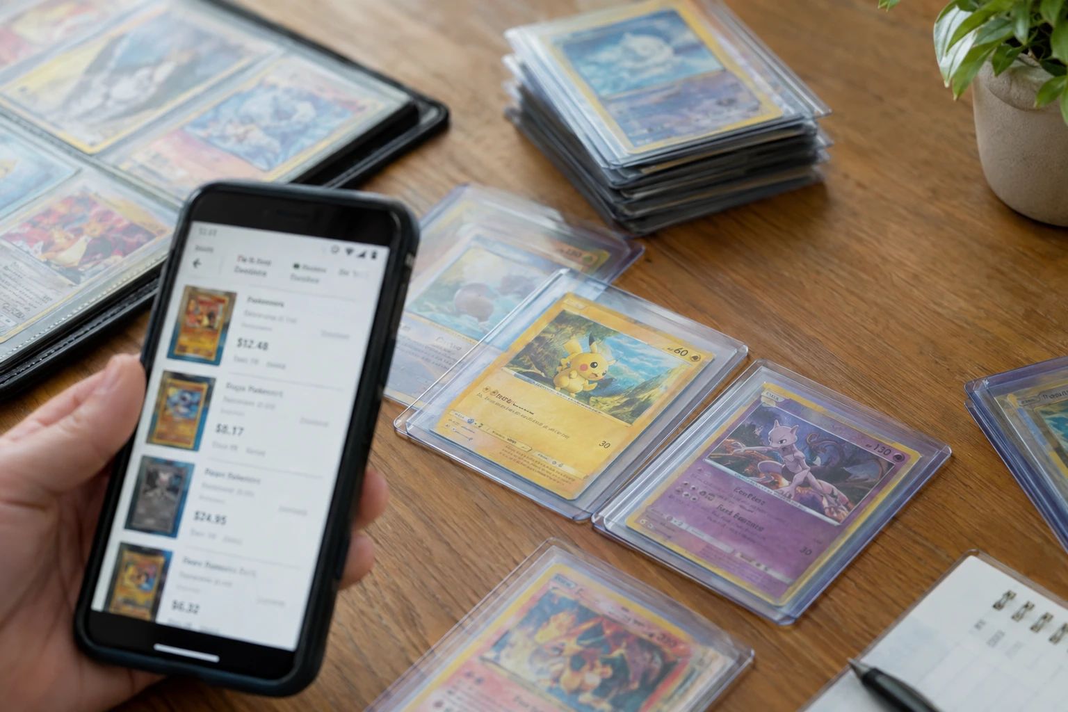A collection of Pokémon cards spread on a table with price guide values displayed on a phone screen