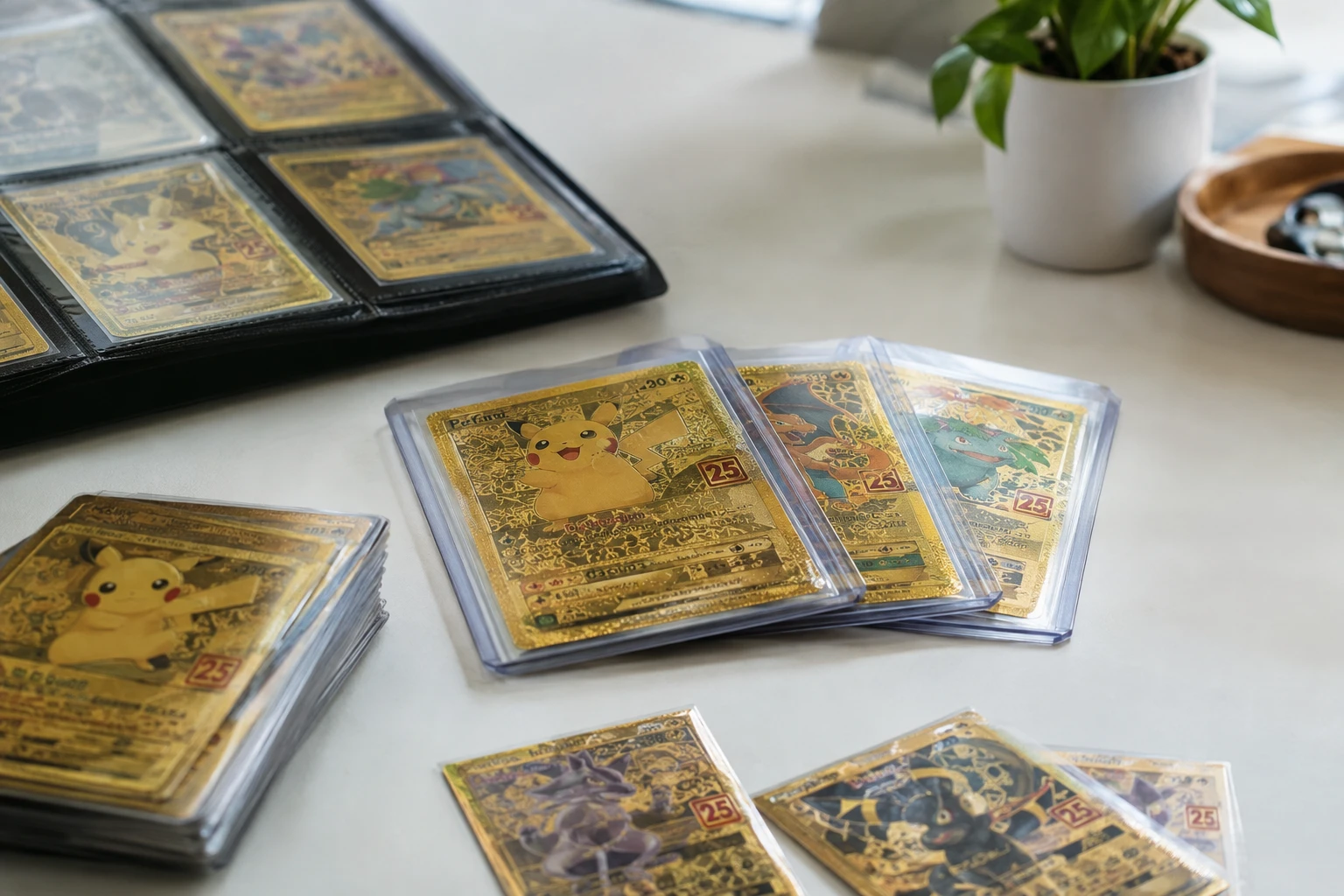 Pokemon Celebrations 25th anniversary cards in gold-stamped design laid out on a collector's table