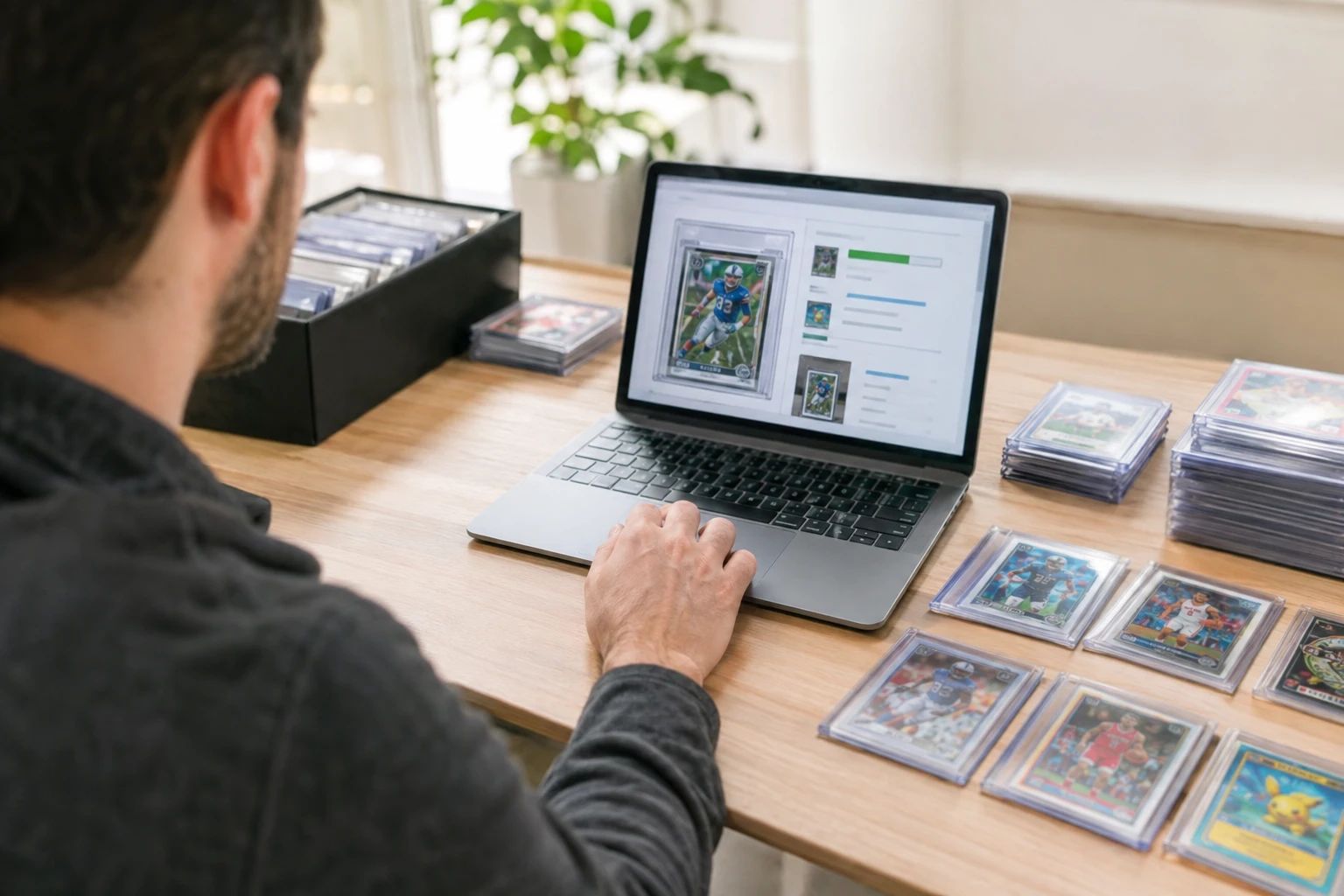 Collector using AI pre-grading tool on laptop to analyze sports cards and TCG cards before listing them for sale online