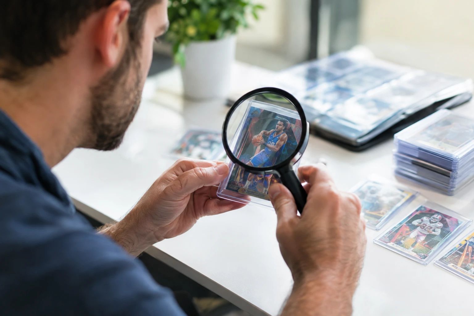 Collector inspecting a trading card under magnification before submitting to professional grading