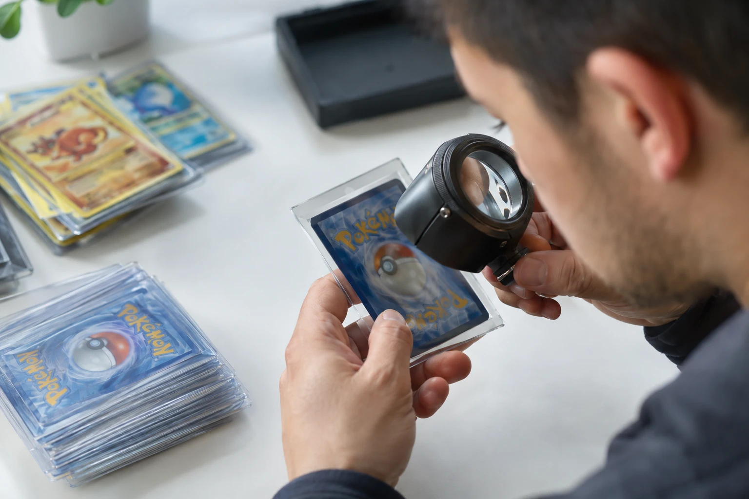 Pokemon card being inspected under magnification with jeweler's loupe for pre-grading assessment