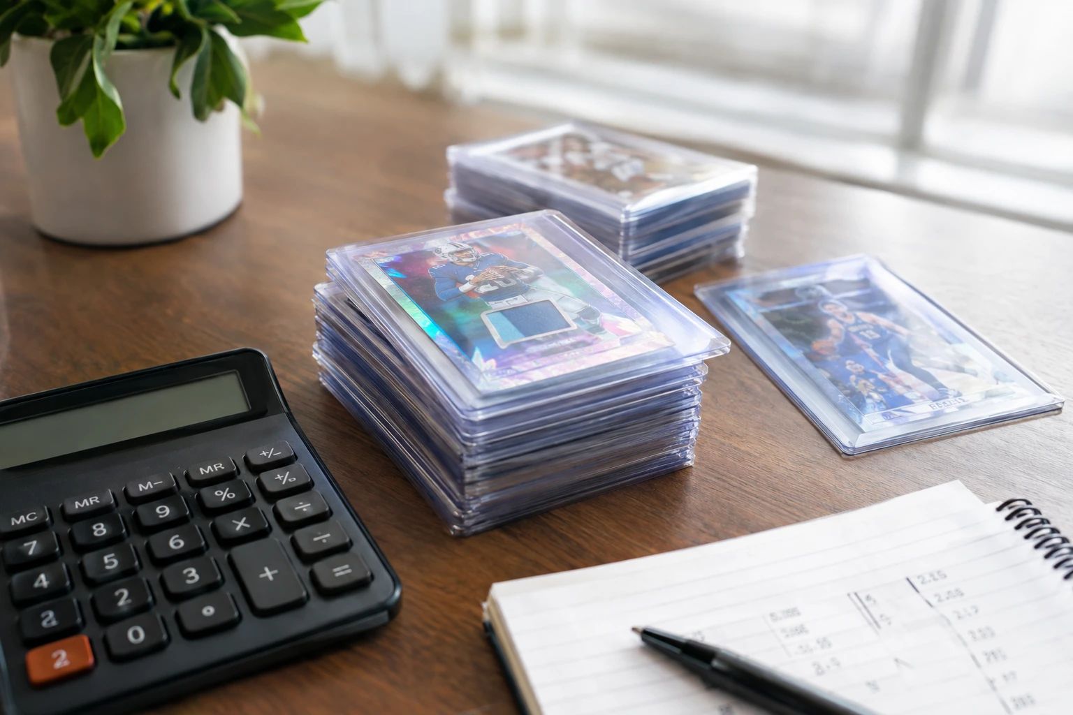 Calculator and trading cards on a desk showing the math of card grading return on investment
