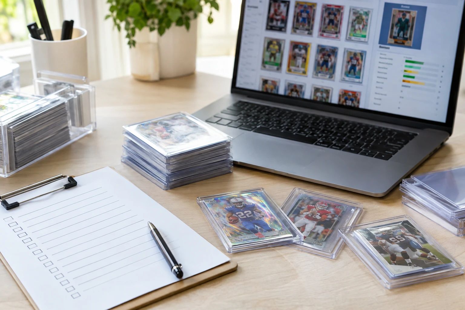 Checklist on clipboard next to trading cards being prepared for online sale with AI pre-grading analysis on laptop screen