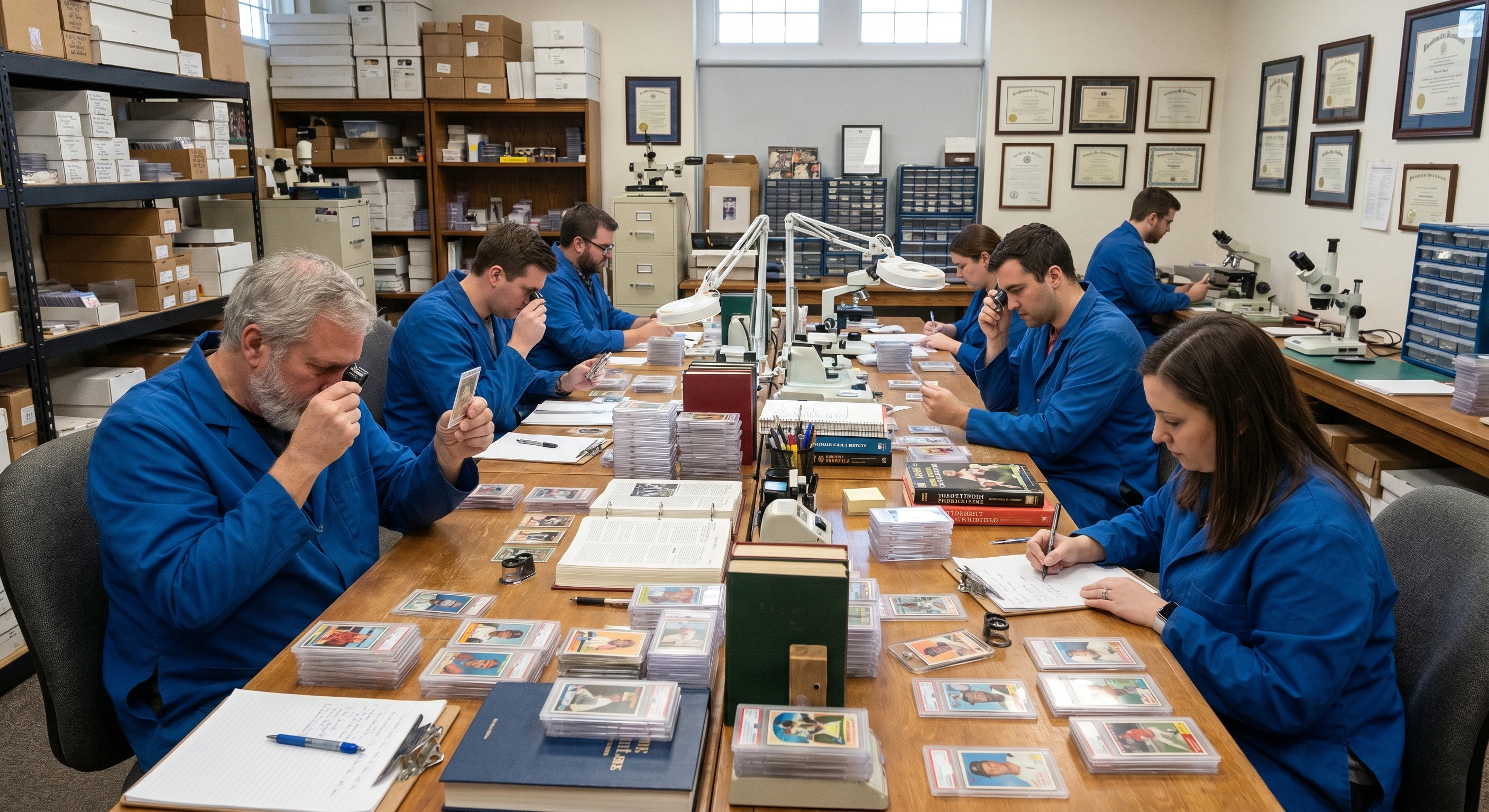 PSA grading facility showing human graders evaluating trading cards