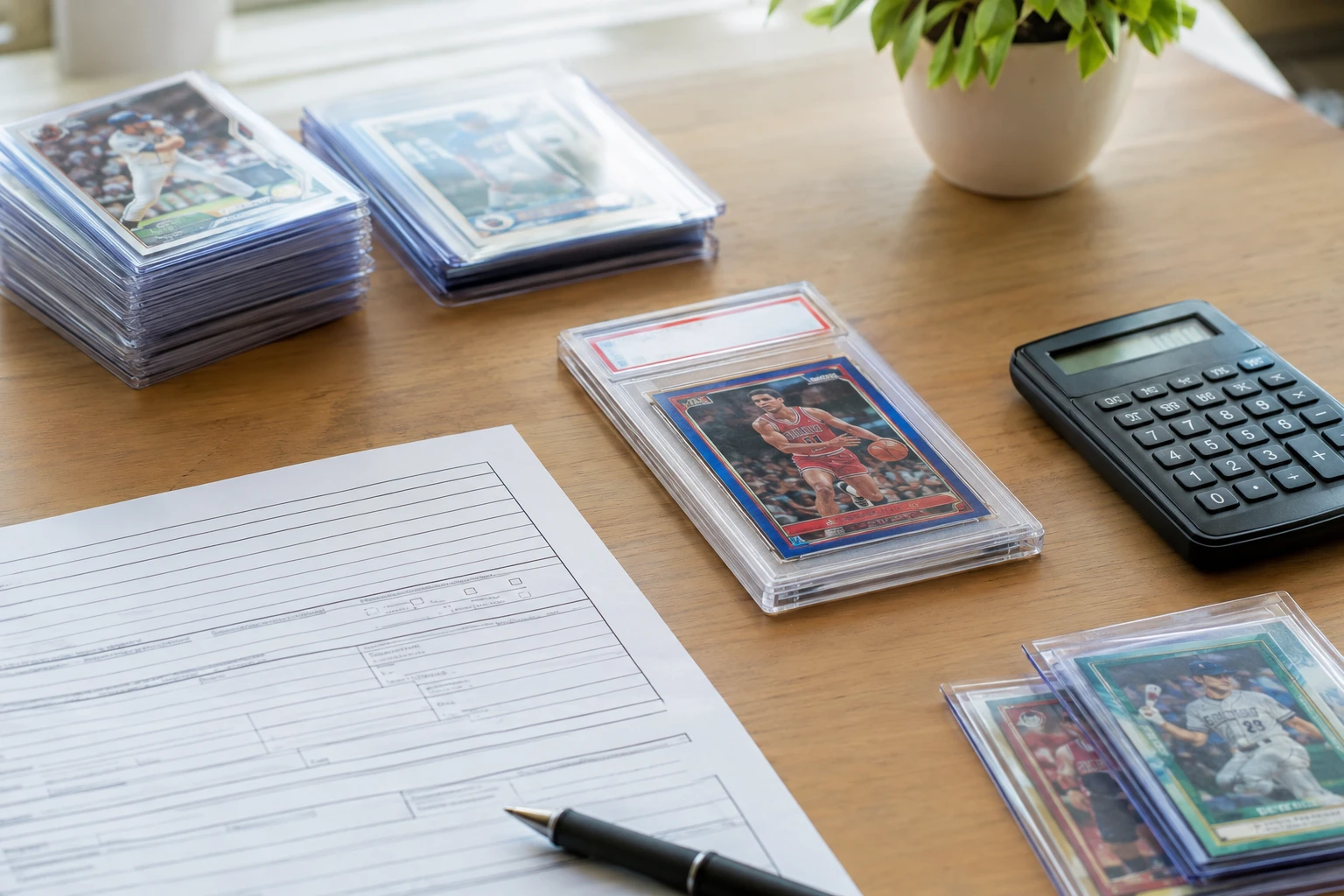 PSA submission form on a desk next to a graded sports card and a calculator