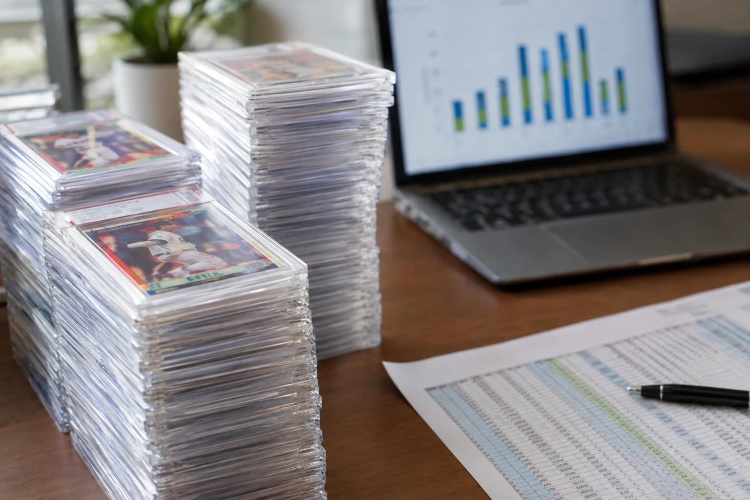 Stacks of graded card slabs beside a laptop showing a chart