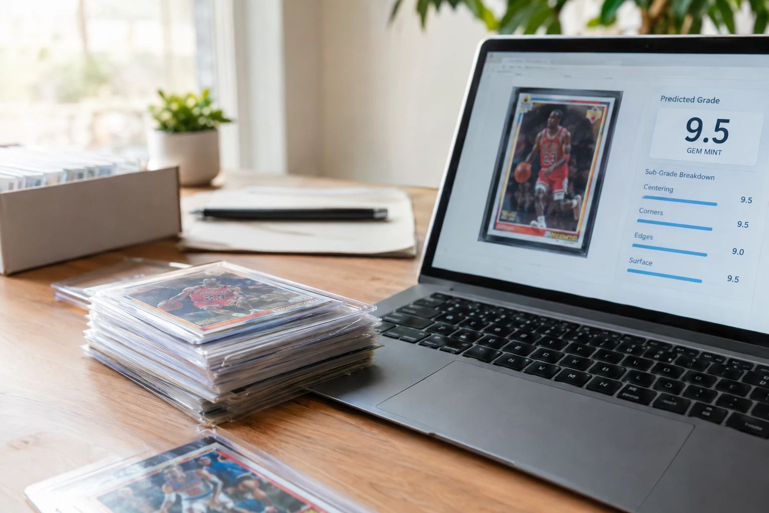 Trading card being analyzed by AI pre-grading tool showing predicted PSA grade with sub-grade breakdowns on a screen