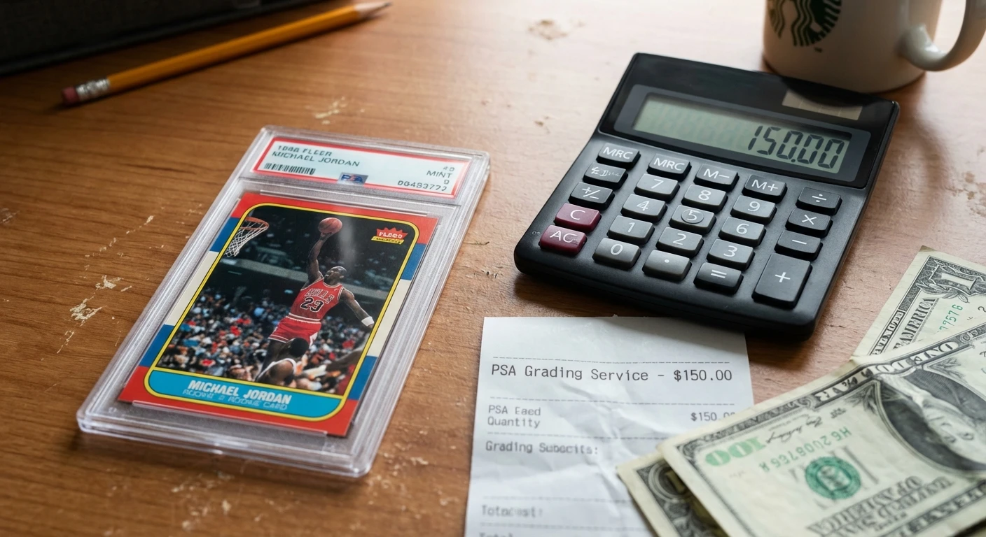 PSA graded card with calculator and money representing grading cost increases
