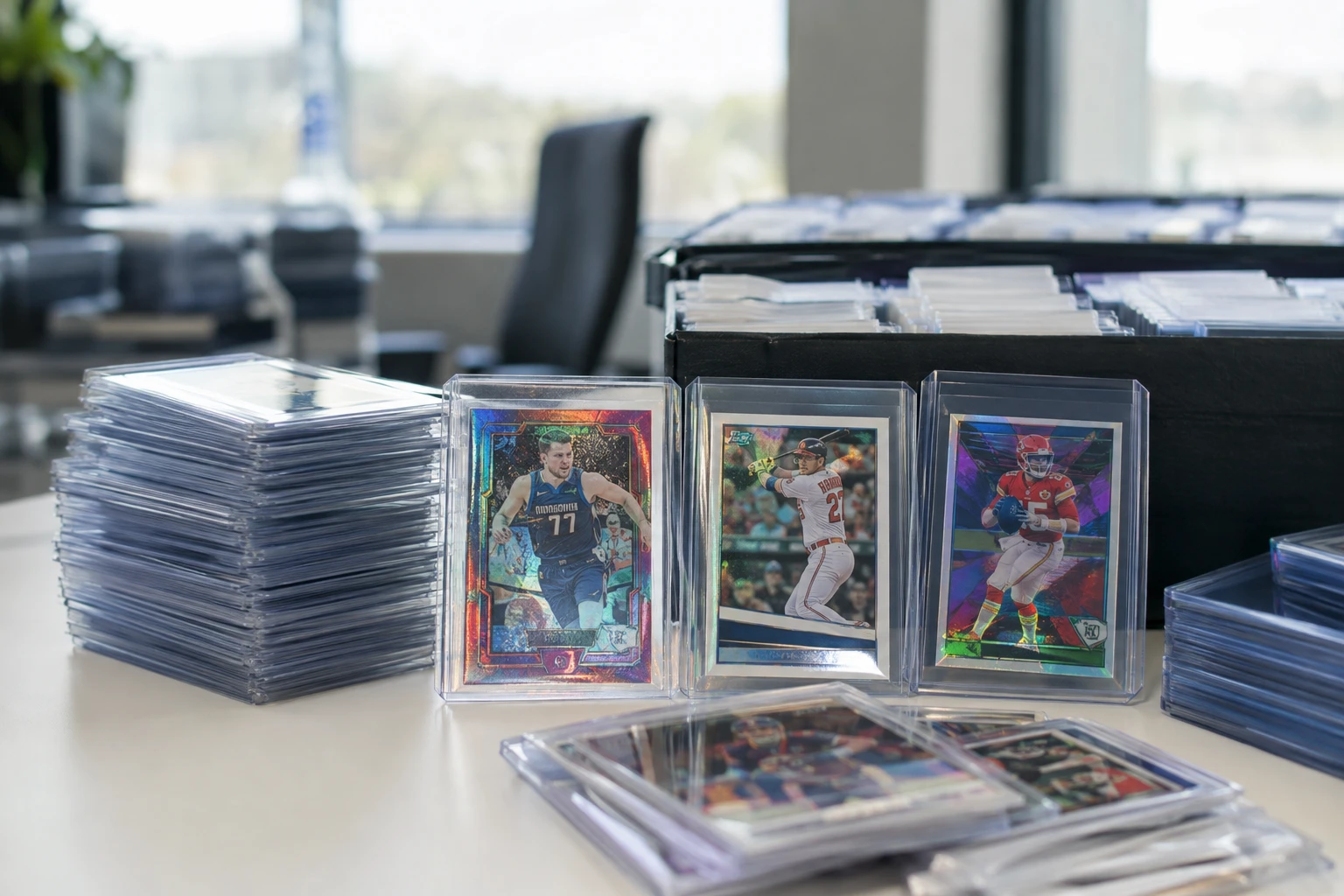 PSA grading facility with stacks of trading card submissions and extended turnaround time displays