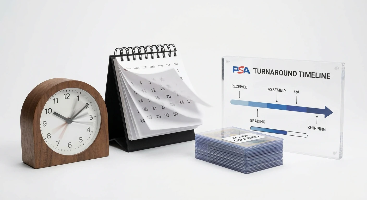 Calendar showing PSA grading turnaround times for different service tiers