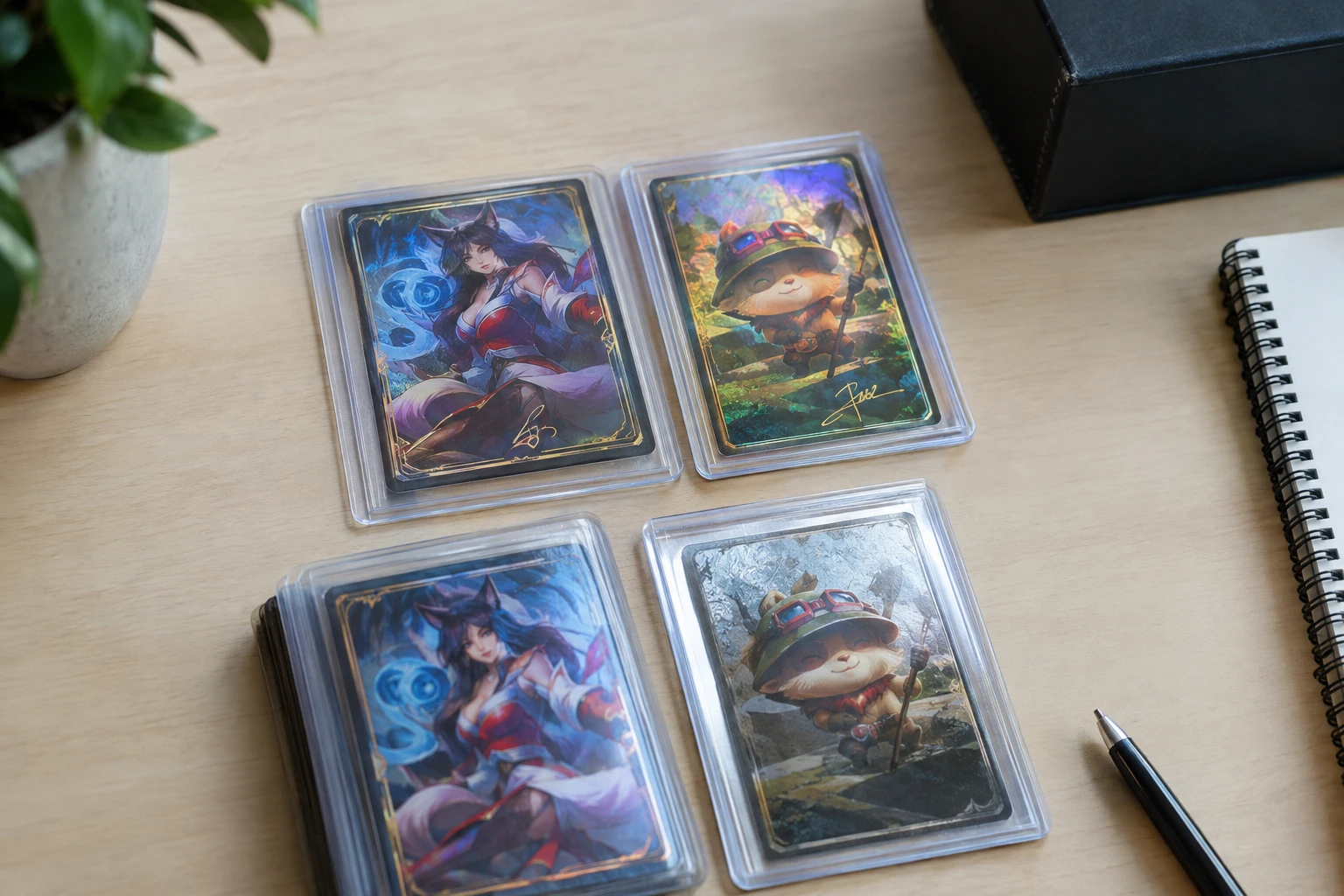 Riftbound TCG Signature and Metal variant cards including Ahri and Teemo laid out for AI grading analysis