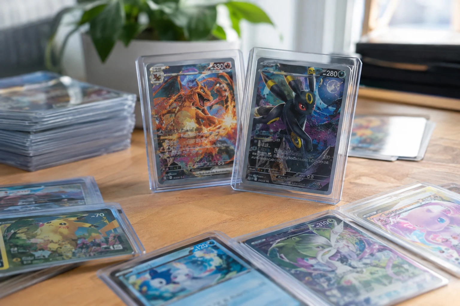 Collection of Pokemon Scarlet and Violet era trading cards arranged on a table with Charizard and Umbreon cards featured