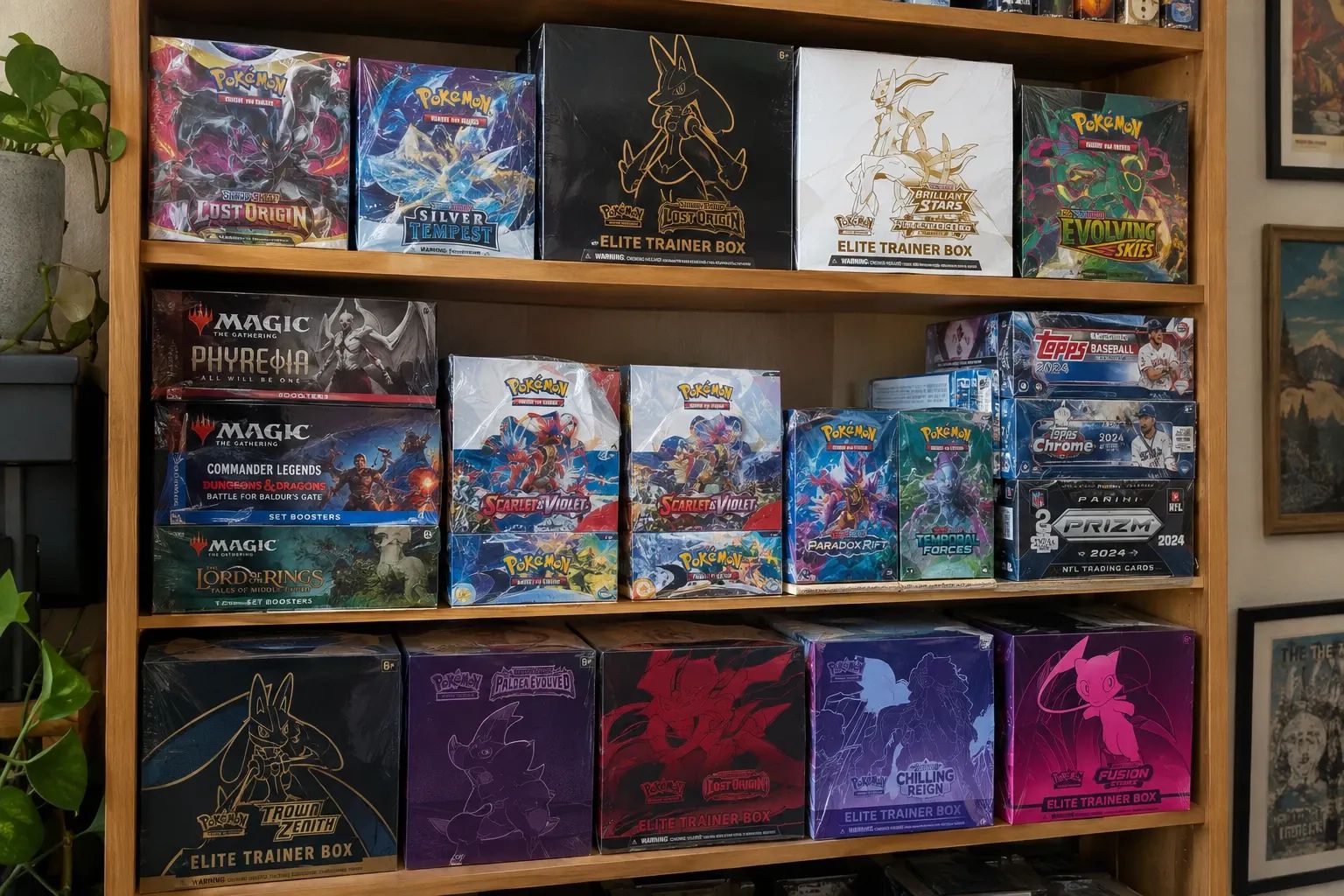 Stack of sealed Pokemon booster boxes on a shelf with price chart overlay