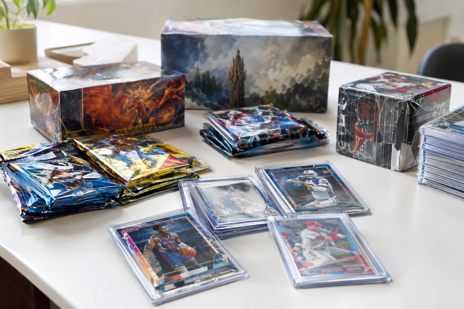 Sealed trading card booster packs and boxes including Pokémon, Magic, and sports card products laid out for grading analysis