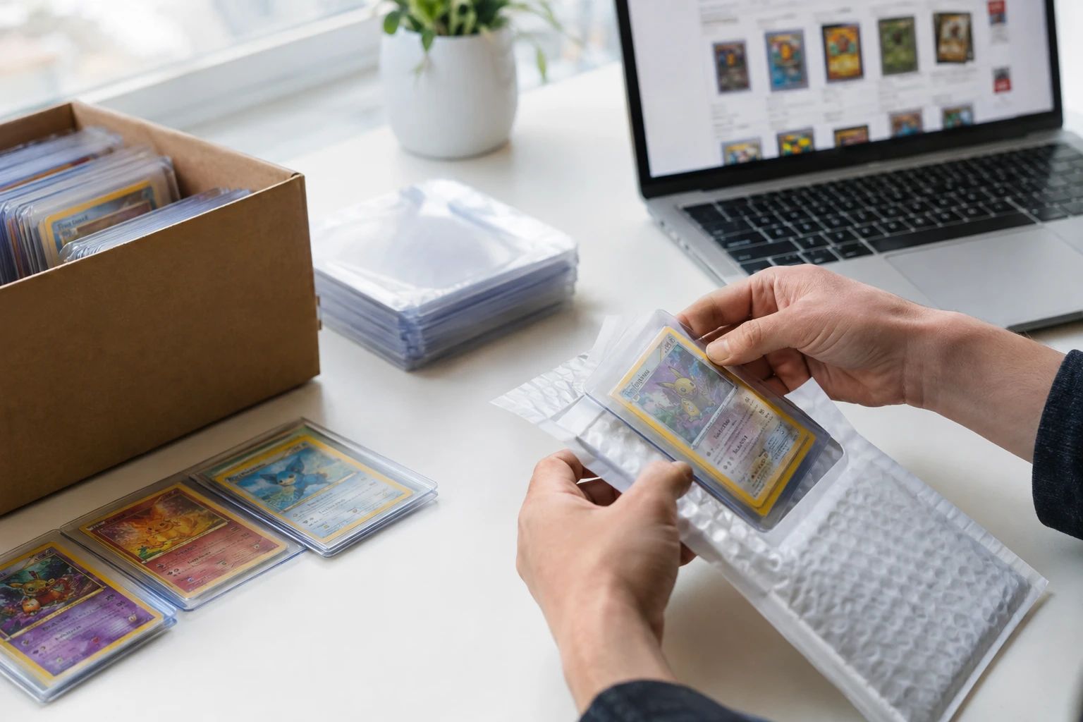 Pokémon cards being packaged for shipment with a laptop showing marketplace listings