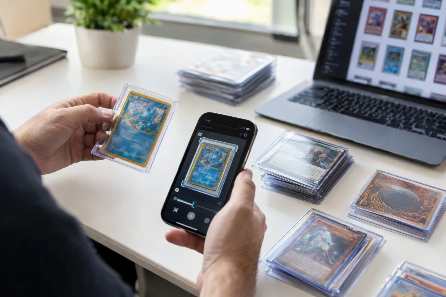 Collection of TCG cards including Pokemon, Magic The Gathering, and Yu-Gi-Oh being analyzed with AI pre-grading tool before selling online