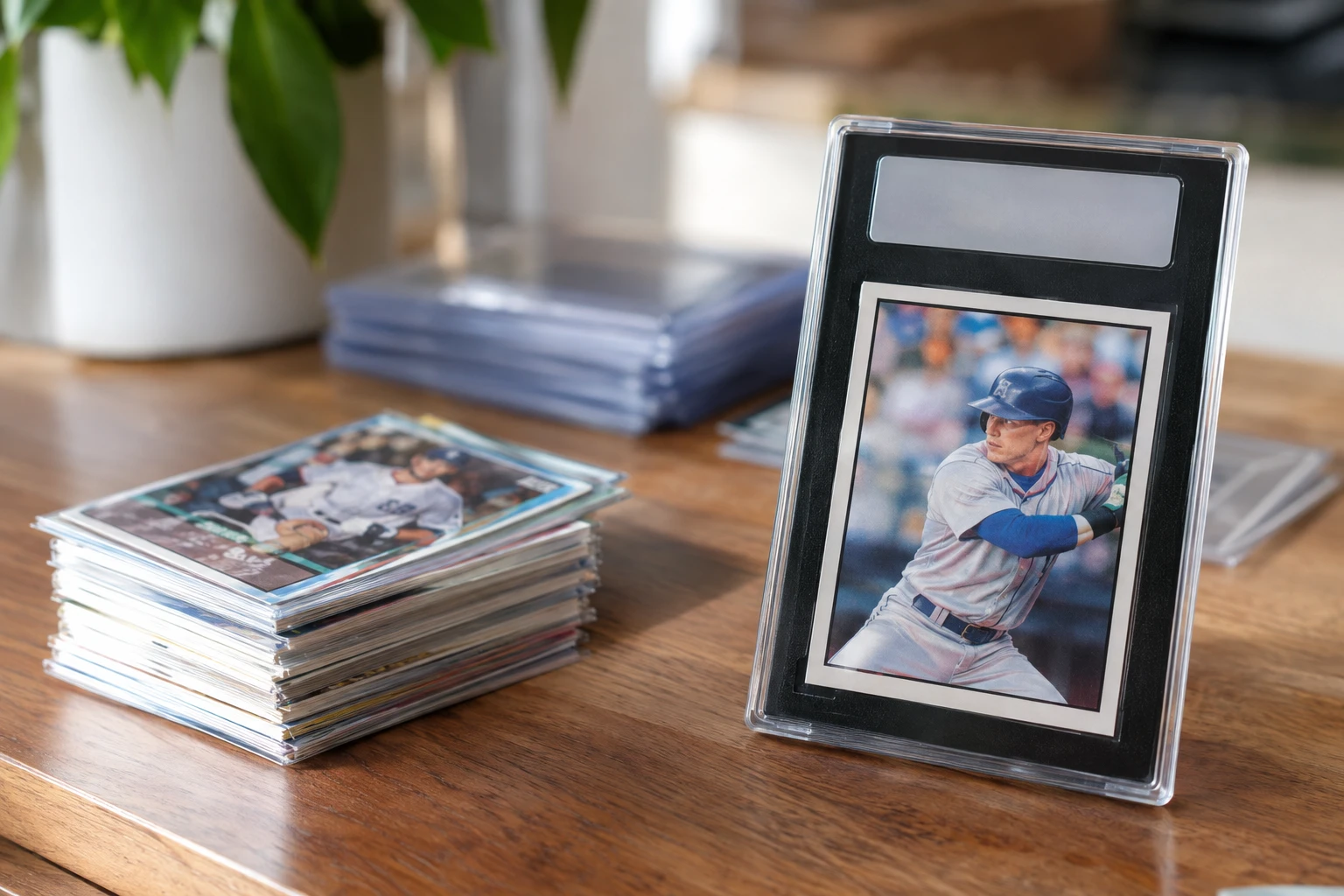 SGC-graded trading card in a black-bordered slab on a wooden desk next to a stack of raw baseball cards