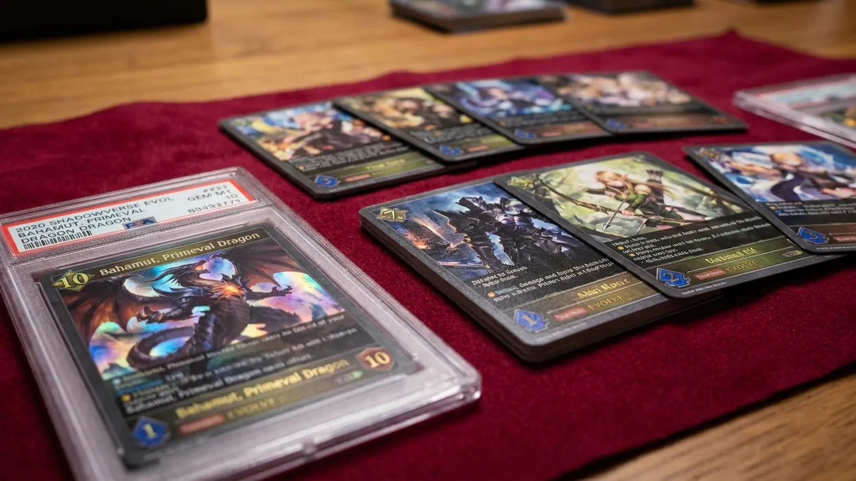 Shadowverse Evolve trading cards with Ultimate Rare and Special parallel treatments laid out for AI grading