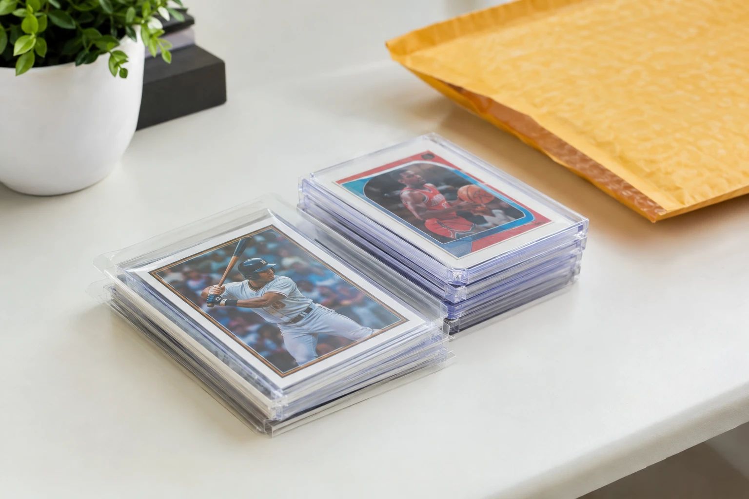 Properly packaged sports cards in penny sleeves top loaders and bubble mailer ready for PSA submission shipping