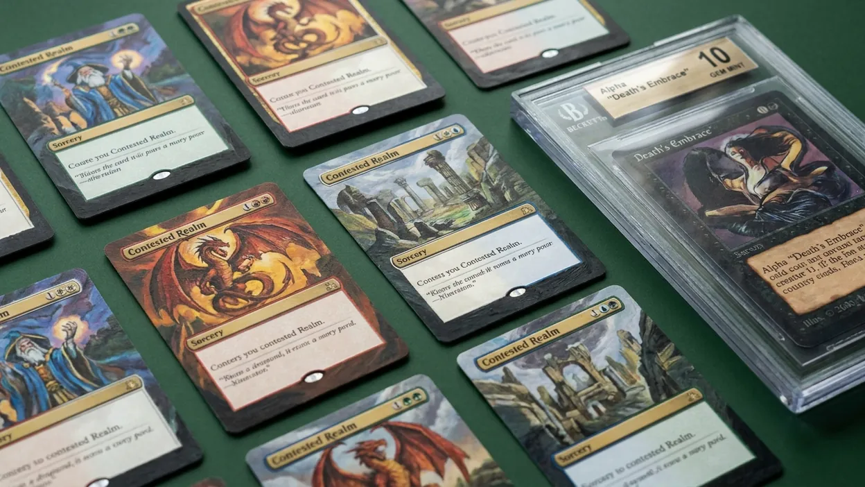 Sorcery Contested Realm trading cards with hand-painted fantasy artwork laid out for AI grading