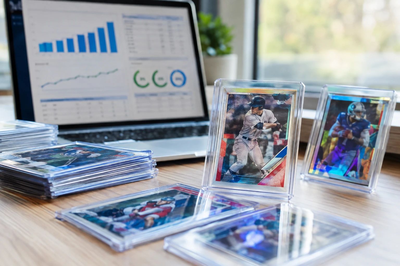 Sports card market analysis dashboard with grading volume charts and trend indicators