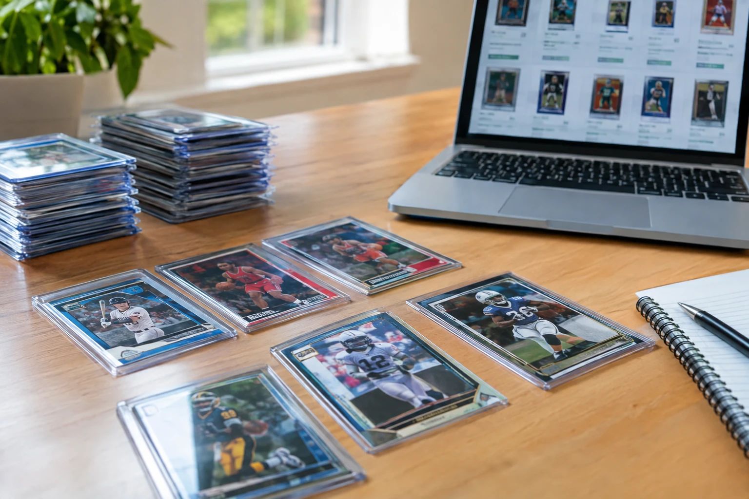 A collection of sports cards from baseball, basketball, and football spread on a table with price guide on laptop