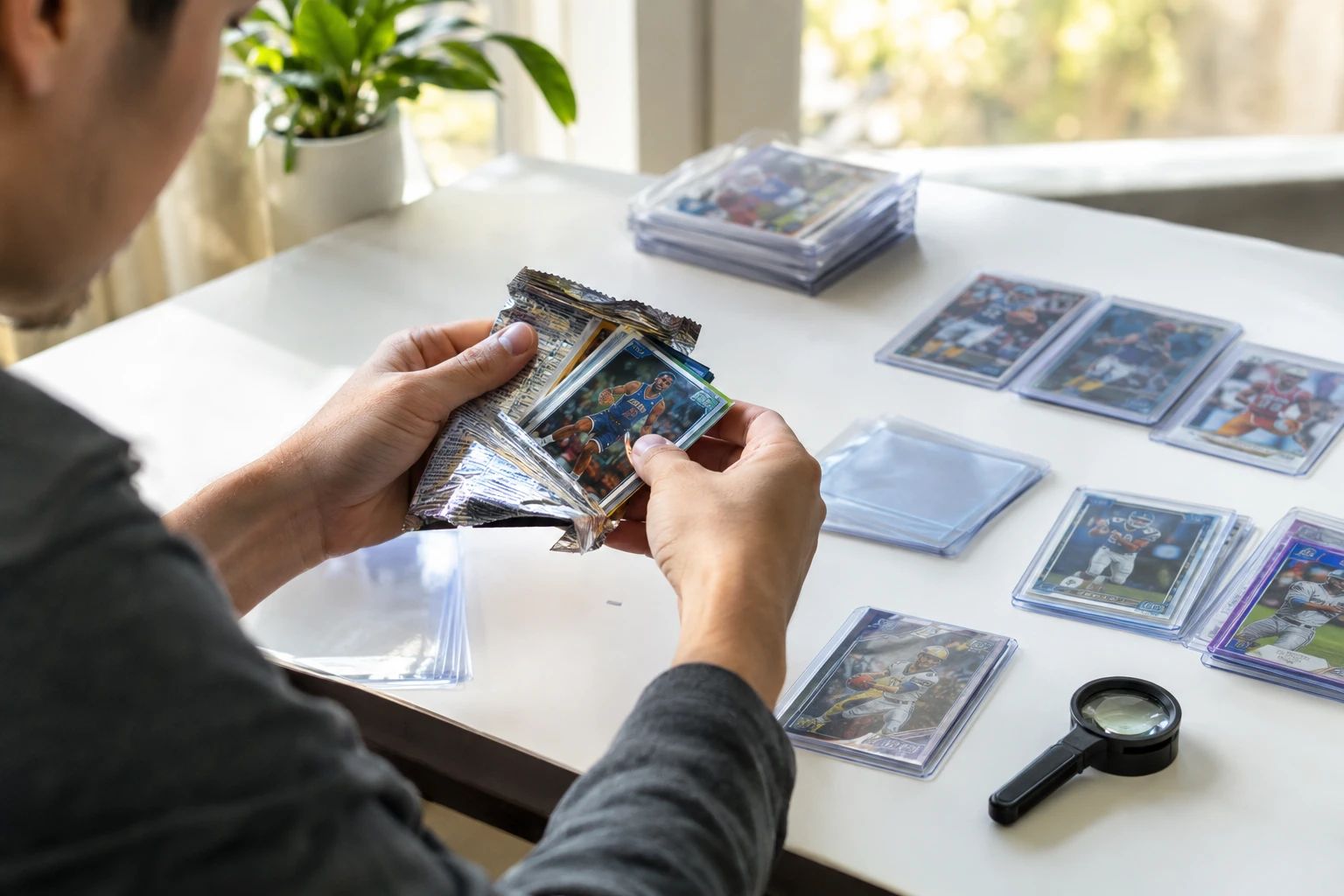 A beginner sports card collector opening packs with penny sleeves toploaders and a magnifying loupe on the table