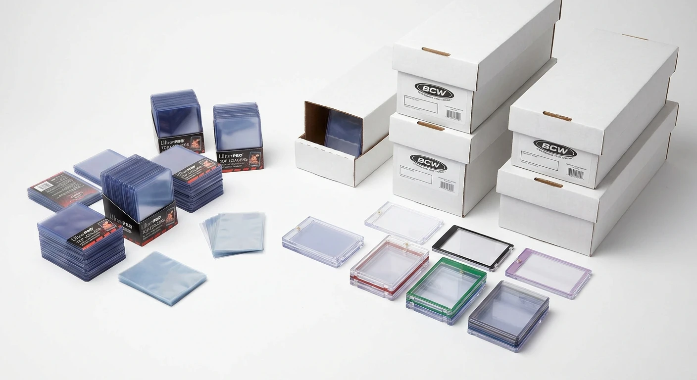 Trading card storage supplies comparison showing Ultra Pro, BCW, and magnetic holders