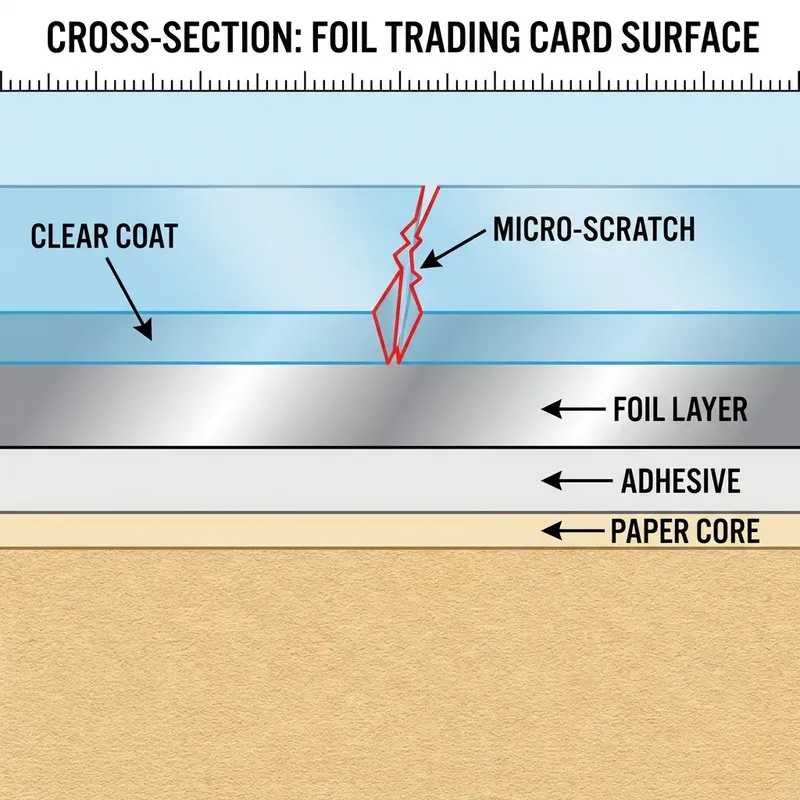 Cross section of foil card scratching
