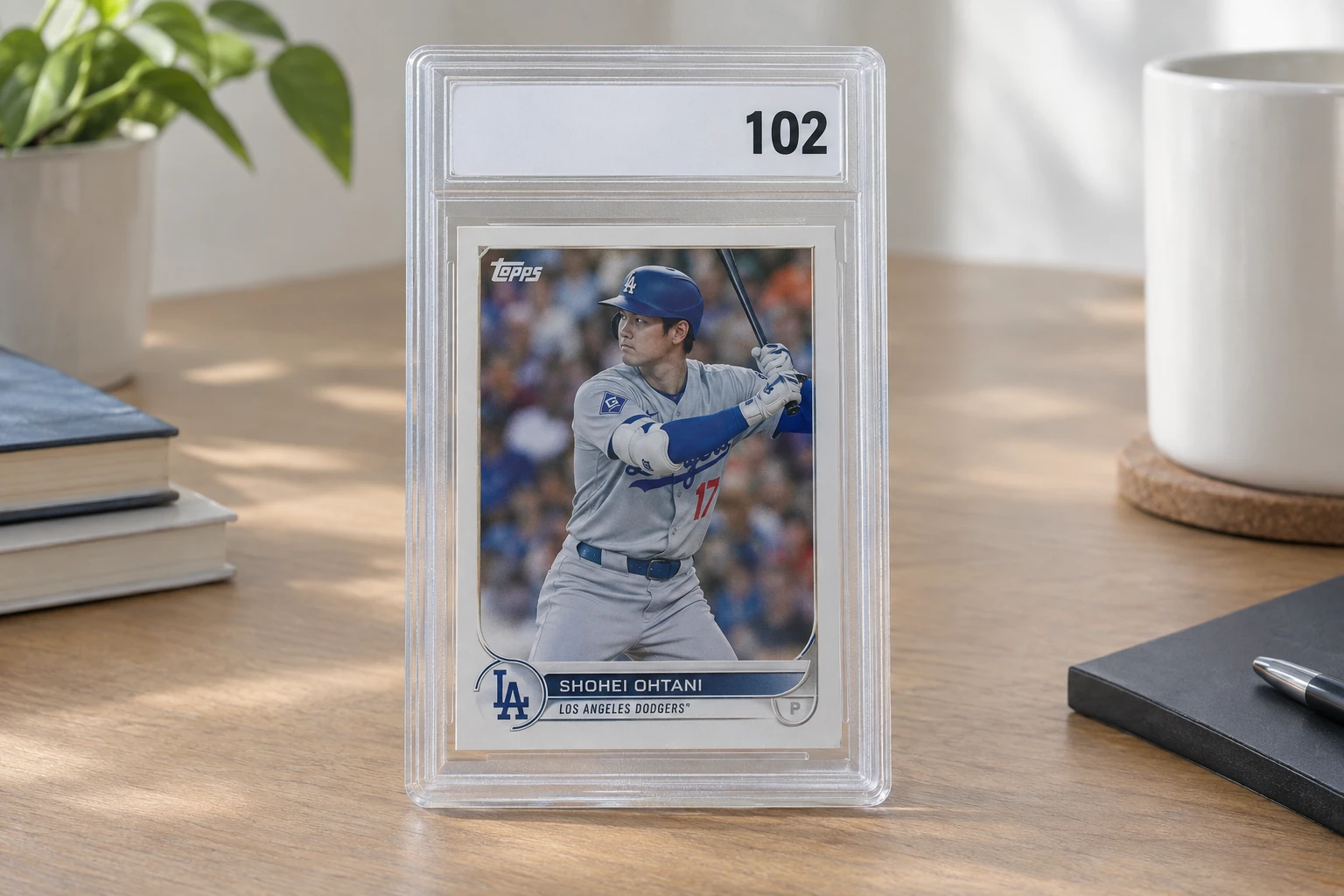 A modern card grading slab with a clean white label showing a three-digit score, standing on a desk in natural light
