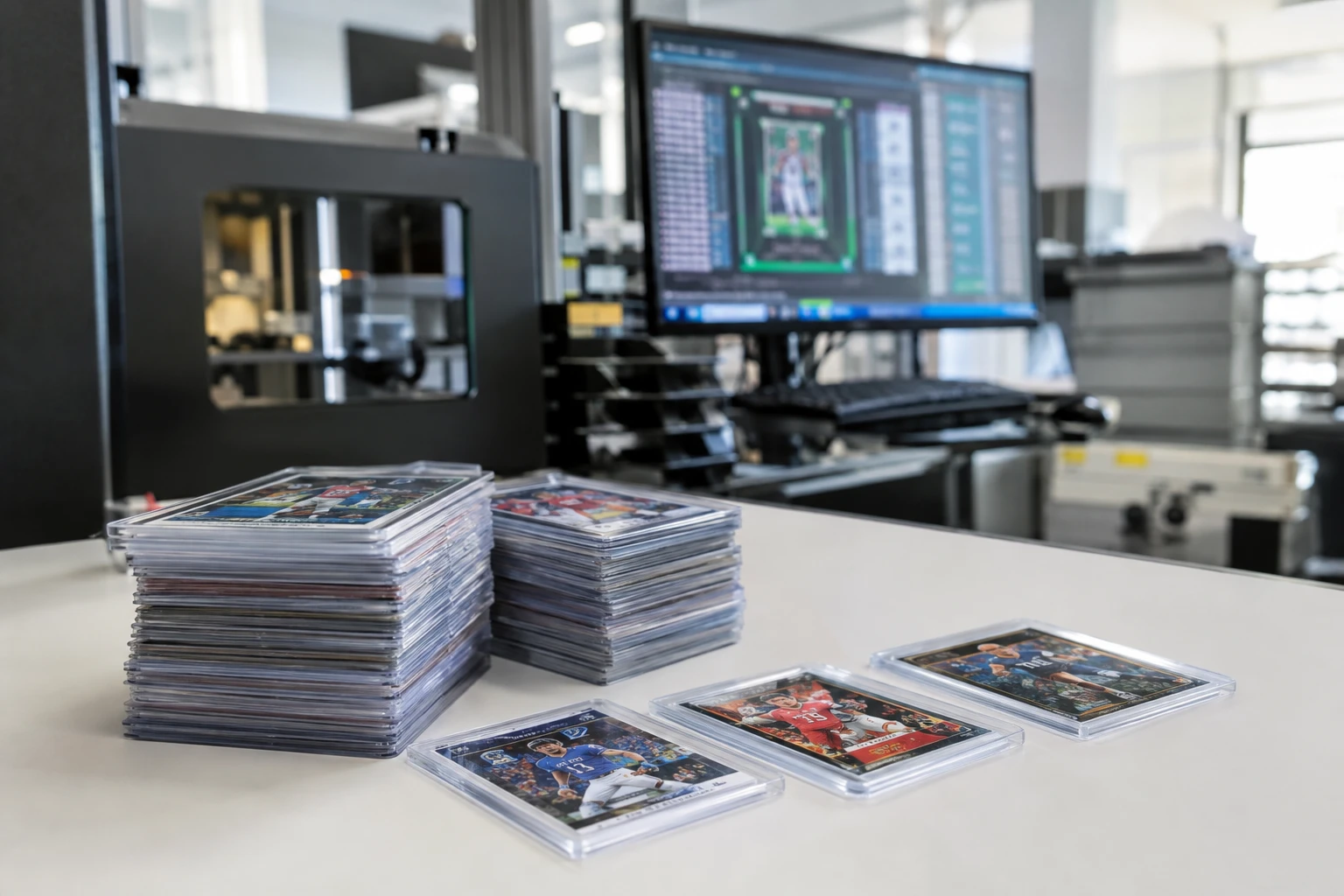 TAG Grading facility with computer vision grading technology and stacks of trading cards being processed