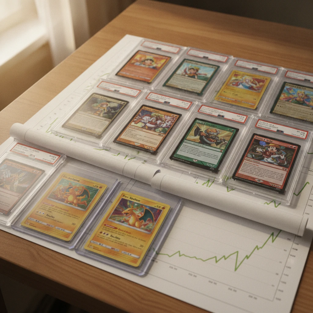 Diversified graded TCG portfolio with PSA slabs from Pokémon, Magic, One Piece, and Lorcana on a desk with market charts