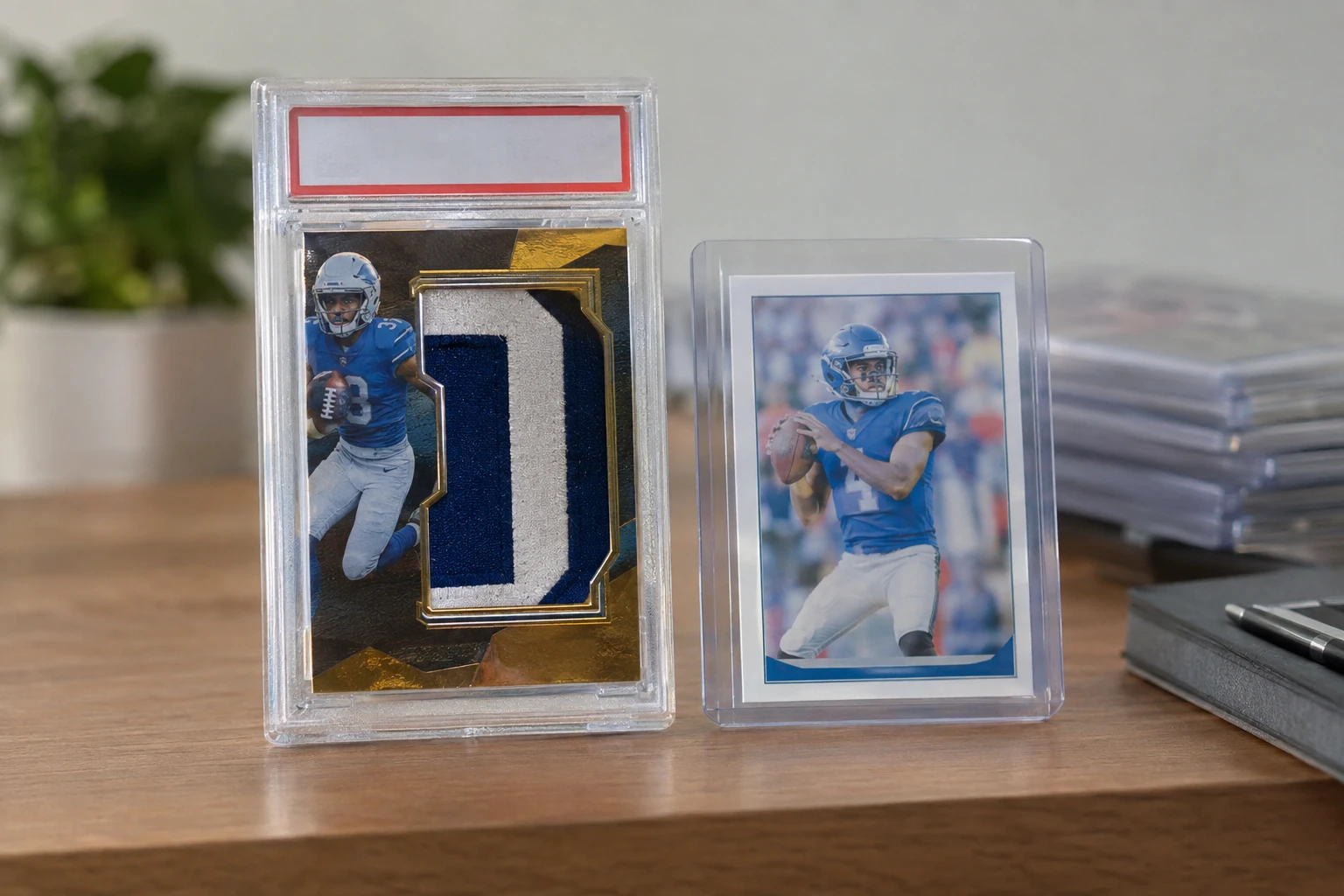 A thick patch relic sports card in a graded slab next to a normal thin trading card for comparison