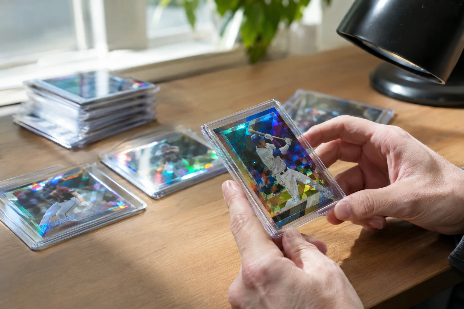 Topps Chrome baseball cards with refractor surface being inspected under angled light for PSA 10 grading pre-screening