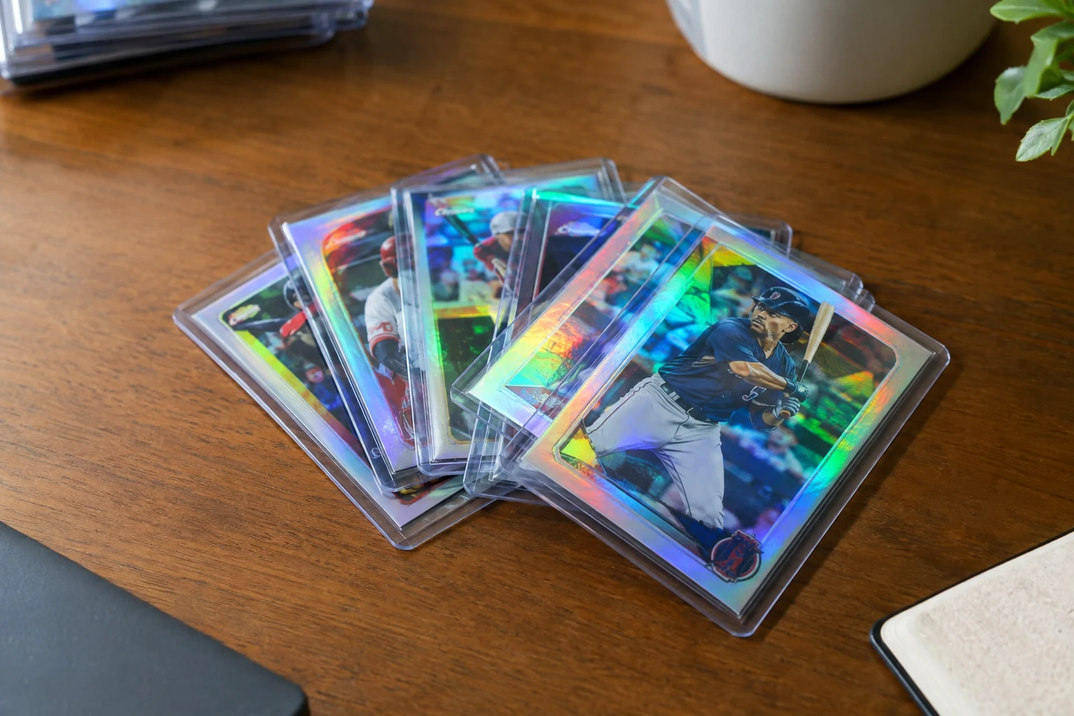 Topps Chrome baseball cards with rainbow refractor finish fanned out on a wooden desk