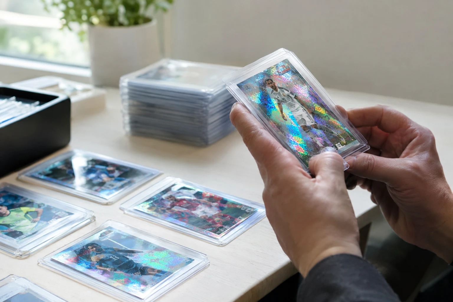 Topps Chrome UEFA Champions League soccer cards being inspected for PSA grading with Chrome refractor surface check