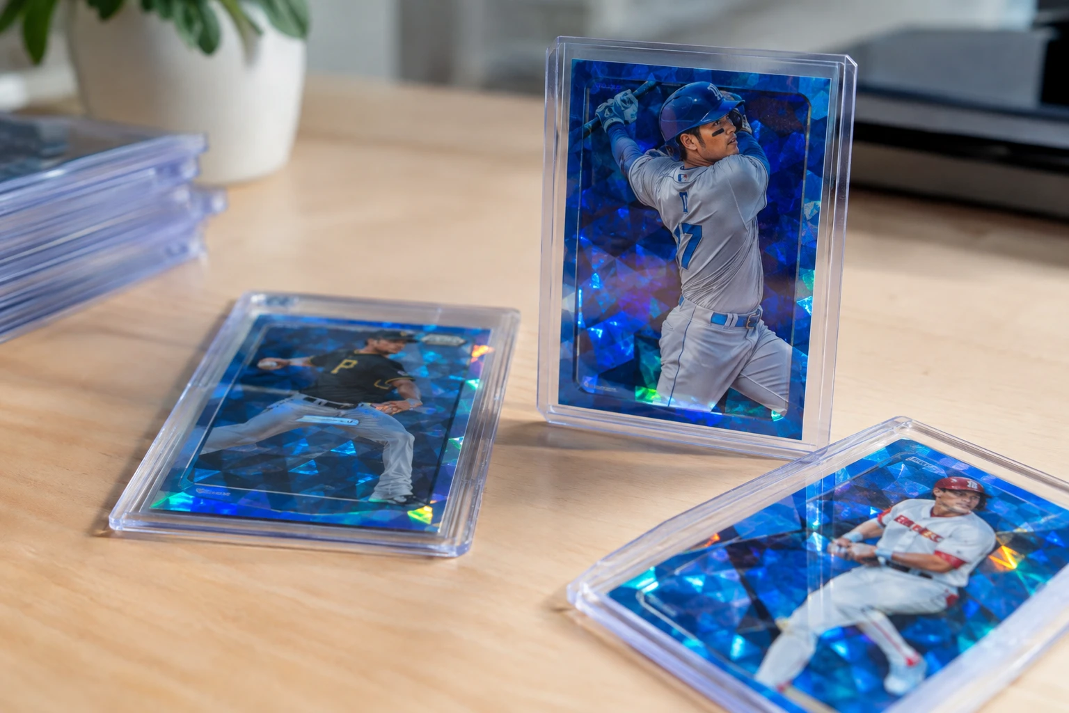 Topps Chrome Sapphire baseball cards with blue chromium finish on a collector's desk