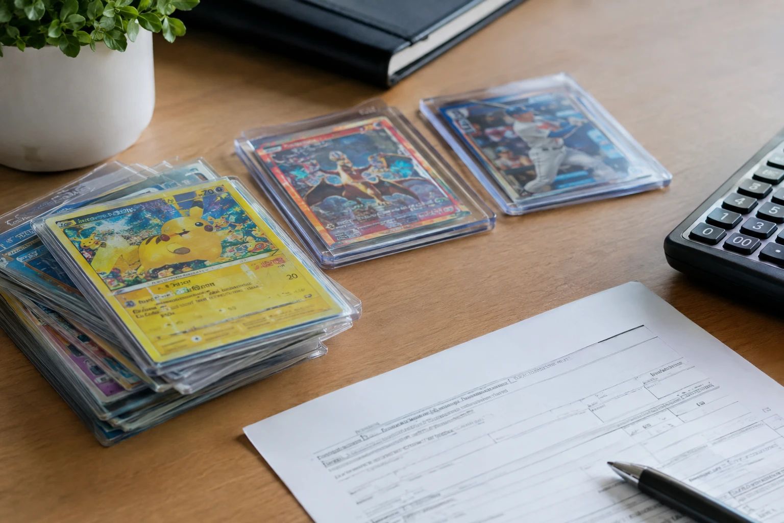 Trading cards next to tax forms and calculator representing card collecting tax obligations