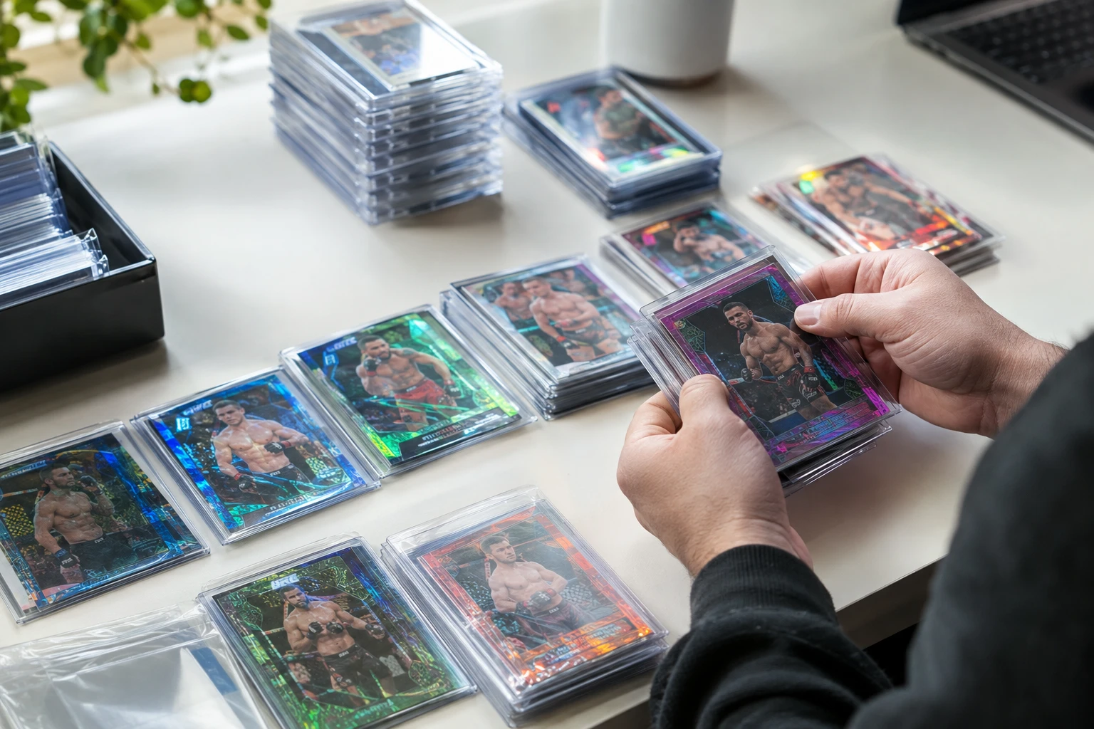 Topps UFC Chrome refractor parallel cards in various colors being sorted for PSA grading submission