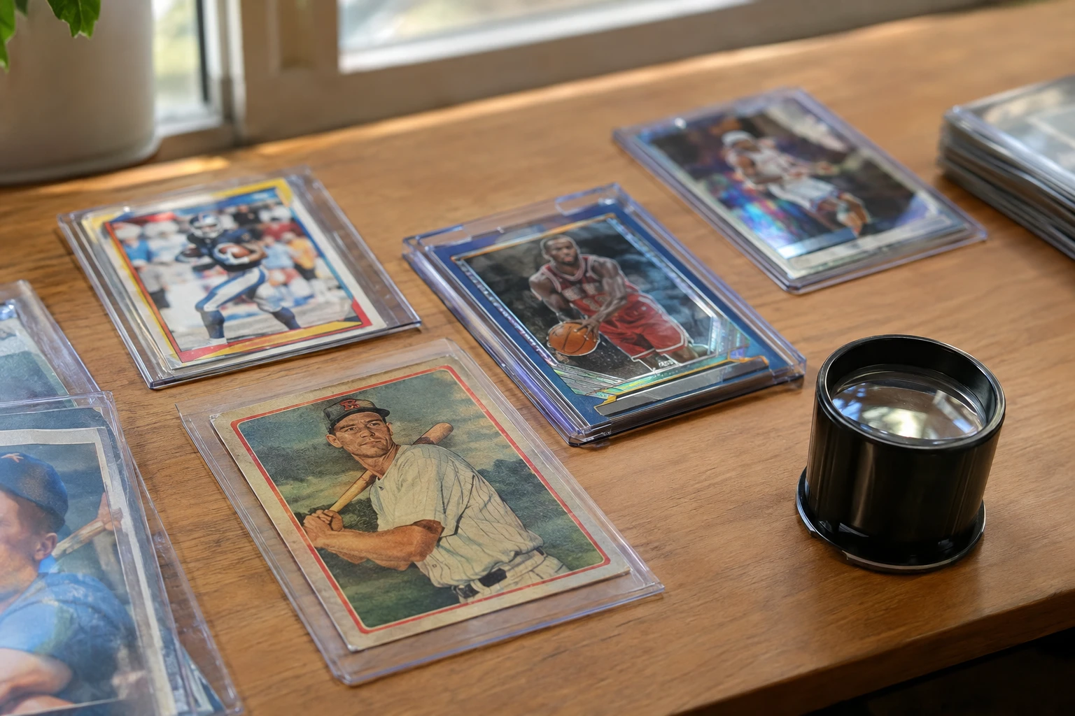 Collection of Pokemon Umbreon trading cards from different eras arranged on a dark wooden table