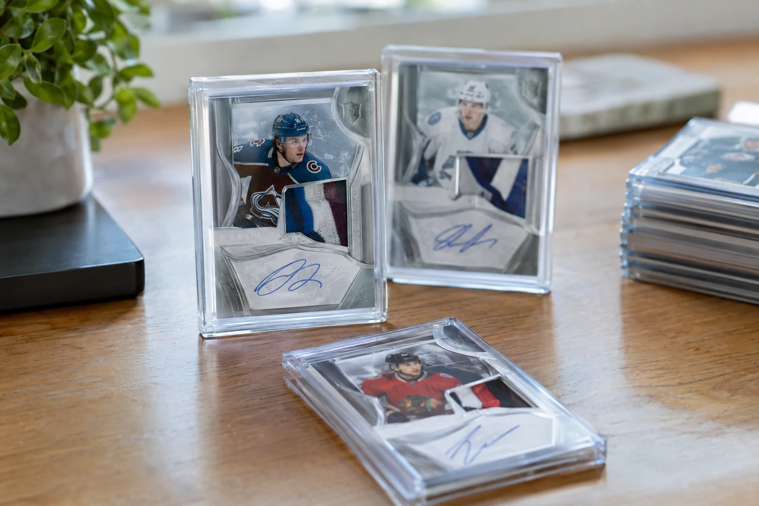 Upper Deck The Cup hockey cards with rookie patch autographs in protective holders on a table