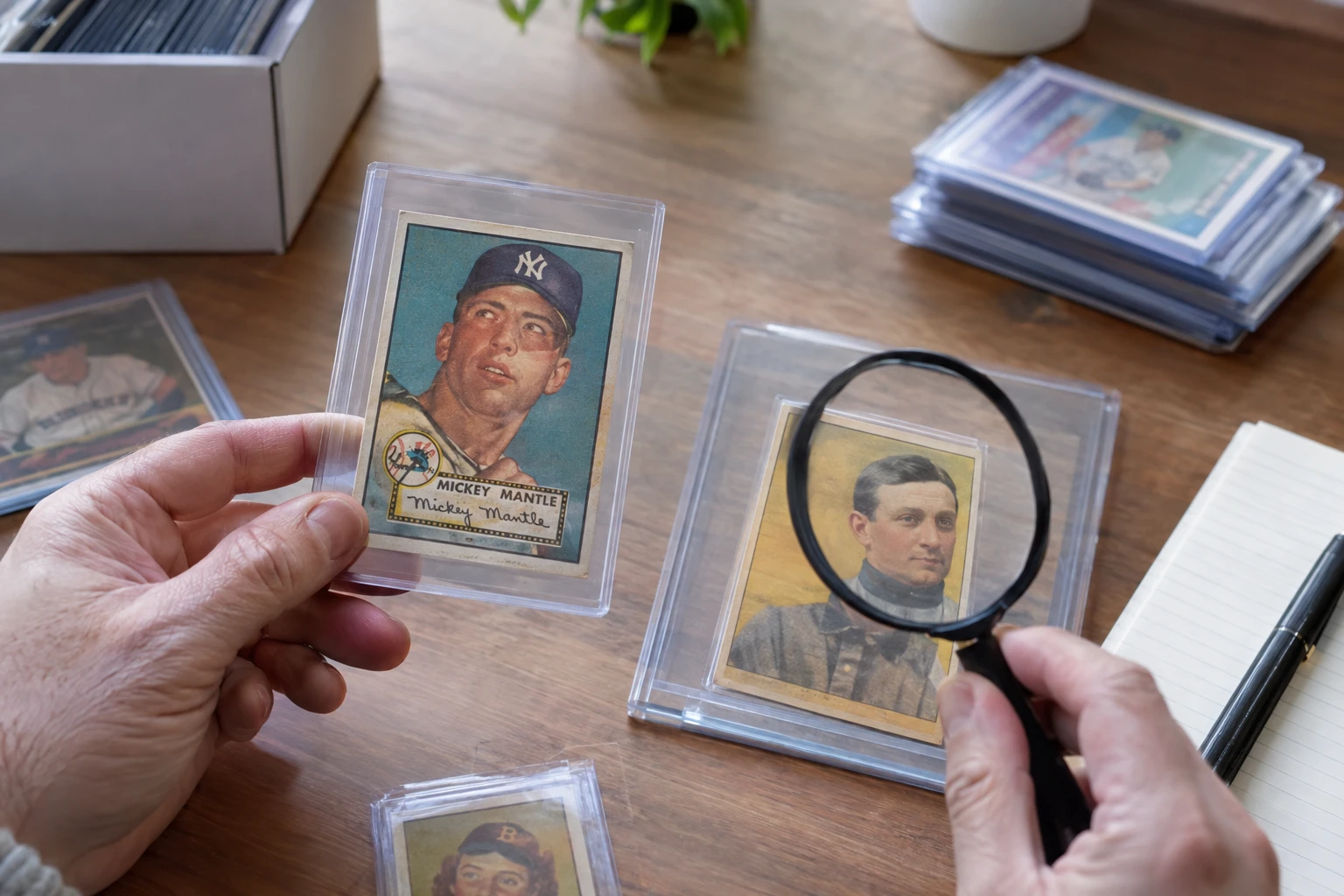 Vintage baseball cards including 1952 Topps Mickey Mantle and T206 Honus Wagner being examined for PSA and SGC grading with magnifying glass