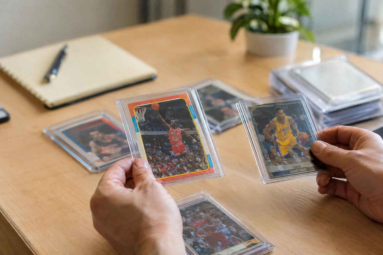 Vintage basketball cards including 1986 Fleer Michael Jordan rookie and 1996 Topps Chrome Kobe Bryant being examined for PSA grading