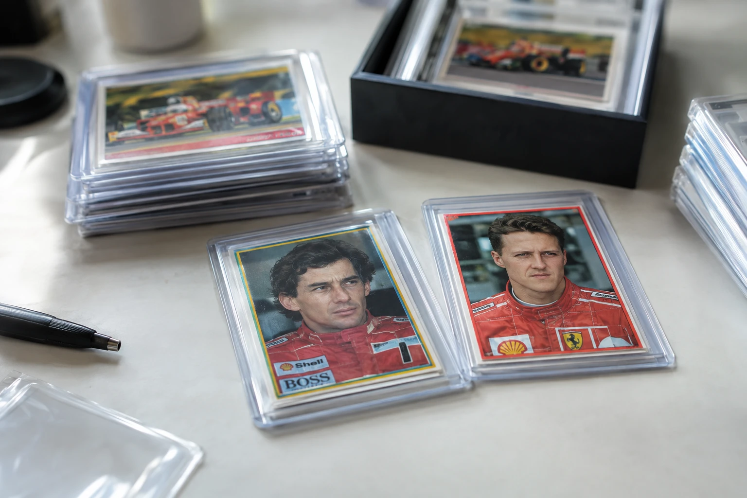 Vintage Formula 1 trading cards featuring Ayrton Senna and Michael Schumacher being examined for PSA grading