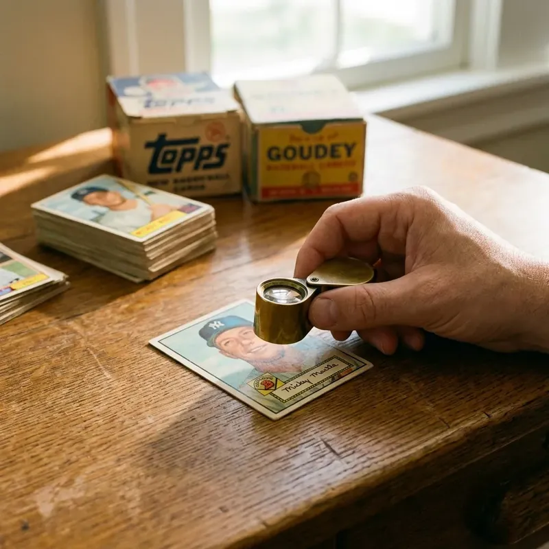 A collector's hand holding a jeweler's loupe over a vintage trading card on a wooden table, stacks of cards and retro wax boxes in the background