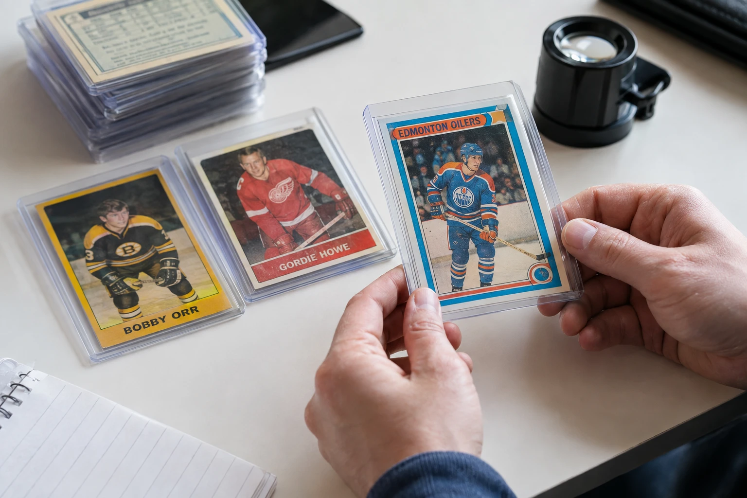 Vintage hockey cards including Wayne Gretzky O-Pee-Chee rookie card, Bobby Orr Topps rookie, and Gordie Howe Parkhurst card being examined for grading condition