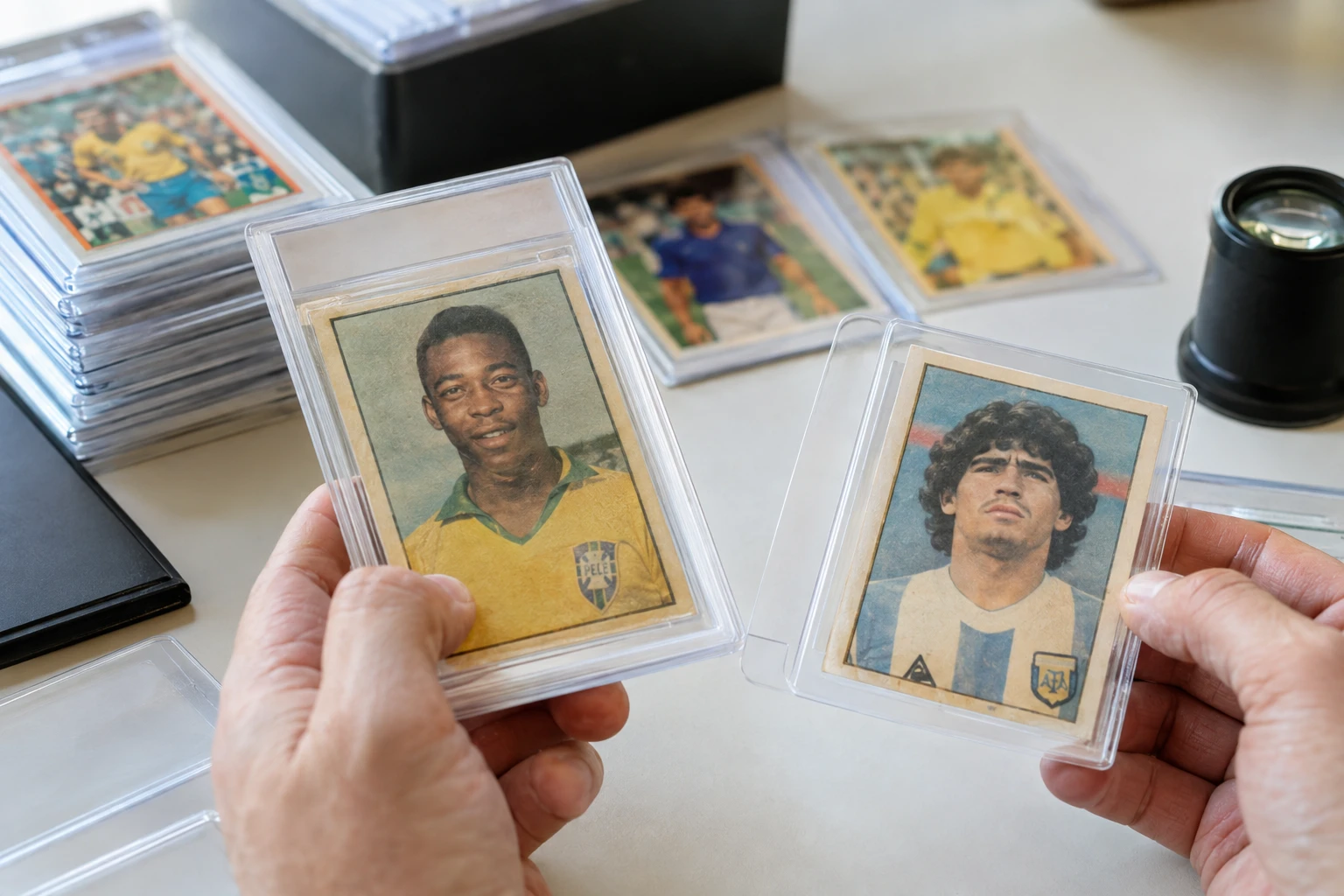 Vintage soccer cards including Pele 1958 rookie and Maradona 1979 Panini being examined for PSA grading authentication