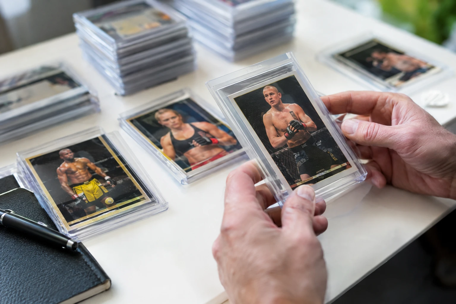 Vintage UFC and MMA trading cards featuring early stars like GSP Anderson Silva and Ronda Rousey being examined for PSA grading