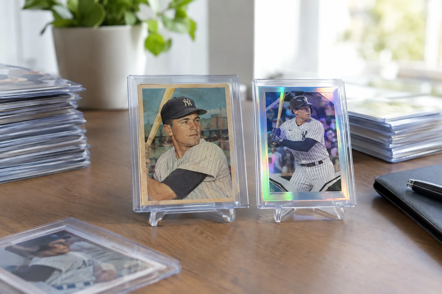 A vintage 1950s baseball card next to a modern shiny trading card on a grading desk