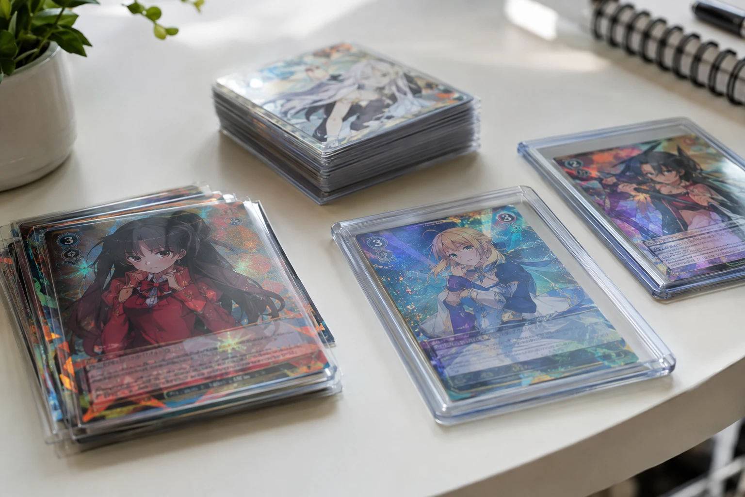 Weiss Schwarz anime crossover trading cards with holofoil finish